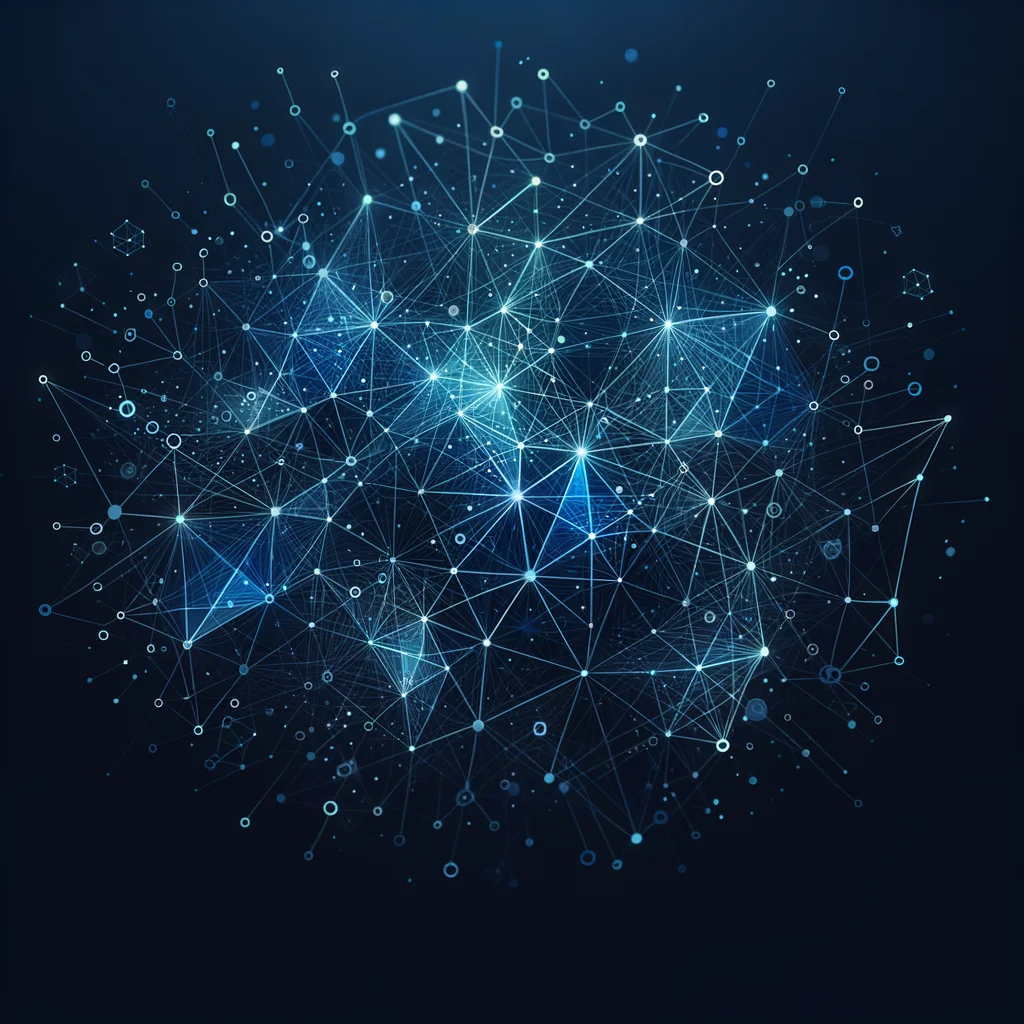 Corporate presentation slide background for tech company. Abstract geometric pattern with connected nodes suggesting AI/neural networks. Deep navy blue gradient. Subtle animated feel. Professional, modern, suitable for text overlay. - DALL-E 3