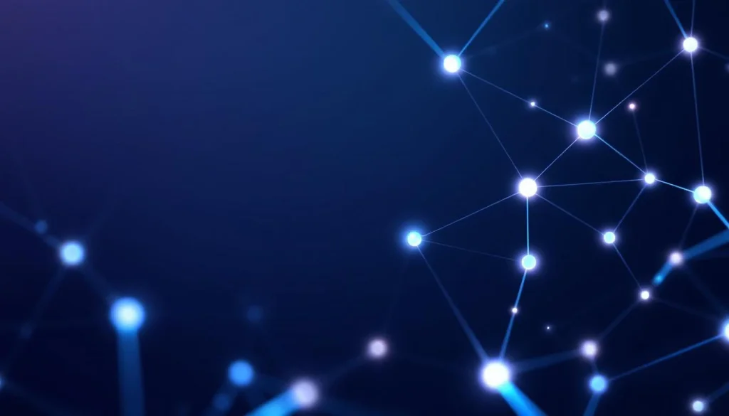Corporate presentation slide background for tech company. Abstract geometric pattern with connected nodes suggesting AI/neural networks. Deep navy blue gradient. Subtle animated feel. Professional, modern, suitable for text overlay. - Flux 1.1 Pro