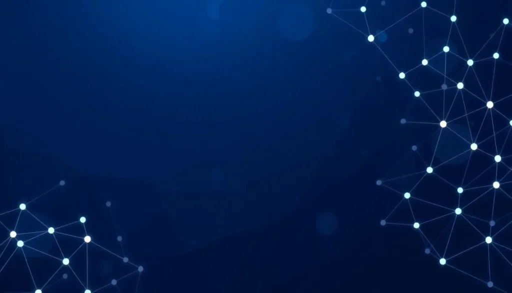 Corporate presentation slide background for tech company. Abstract geometric pattern with connected nodes suggesting AI/neural networks. Deep navy blue gradient. Subtle animated feel. Professional, modern, suitable for text overlay. - Flux Schnell