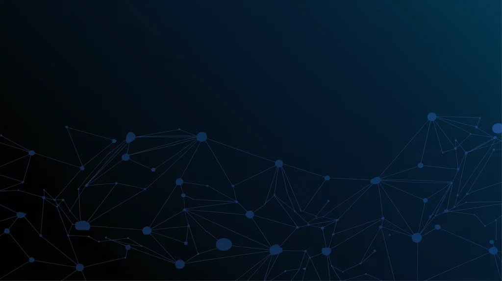 Corporate presentation slide background for tech company. Abstract geometric pattern with connected nodes suggesting AI/neural networks. Deep navy blue gradient. Subtle animated feel. Professional, modern, suitable for text overlay. - Ideogram v2 Turbo