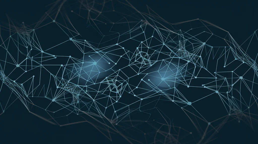 Corporate presentation slide background for tech company. Abstract geometric pattern with connected nodes suggesting AI/neural networks. Deep navy blue gradient. Subtle animated feel. Professional, modern, suitable for text overlay. - Ideogram v2