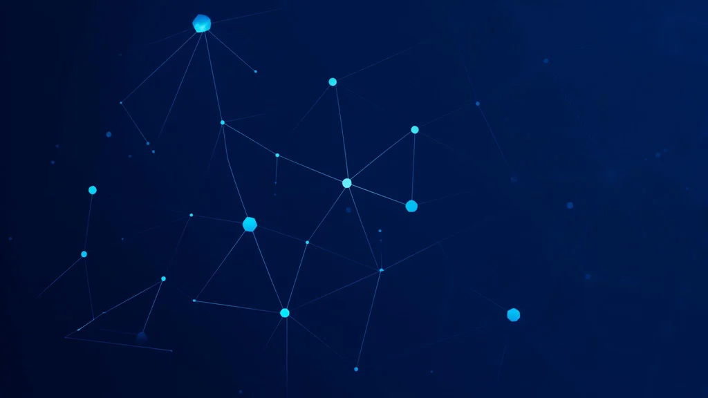 Corporate presentation slide background for tech company. Abstract geometric pattern with connected nodes suggesting AI/neural networks. Deep navy blue gradient. Subtle animated feel. Professional, modern, suitable for text overlay. - Luma Photon Flash