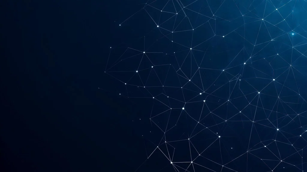 Corporate presentation slide background for tech company. Abstract geometric pattern with connected nodes suggesting AI/neural networks. Deep navy blue gradient. Subtle animated feel. Professional, modern, suitable for text overlay. - Luma Photon