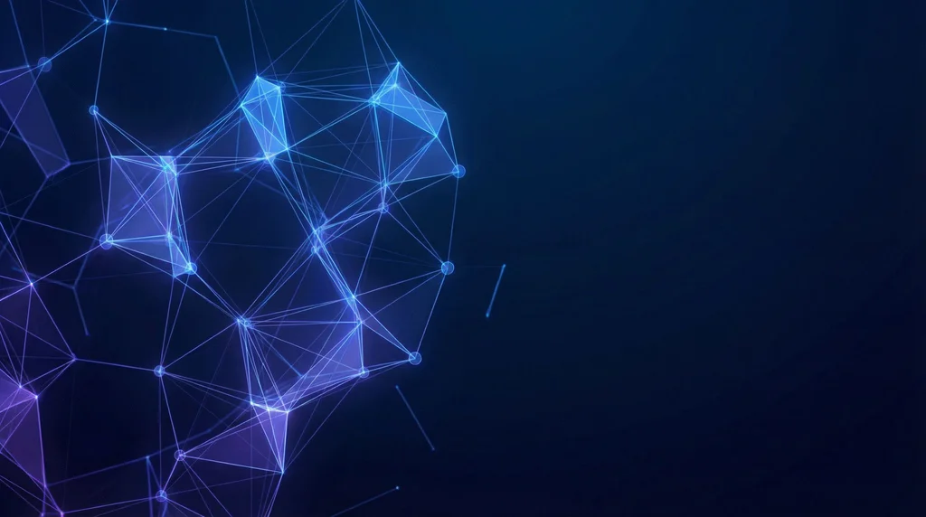 Corporate presentation slide background for tech company. Abstract geometric pattern with connected nodes suggesting AI/neural networks. Deep navy blue gradient. Subtle animated feel. Professional, modern, suitable for text overlay. - Nano Banana Pro