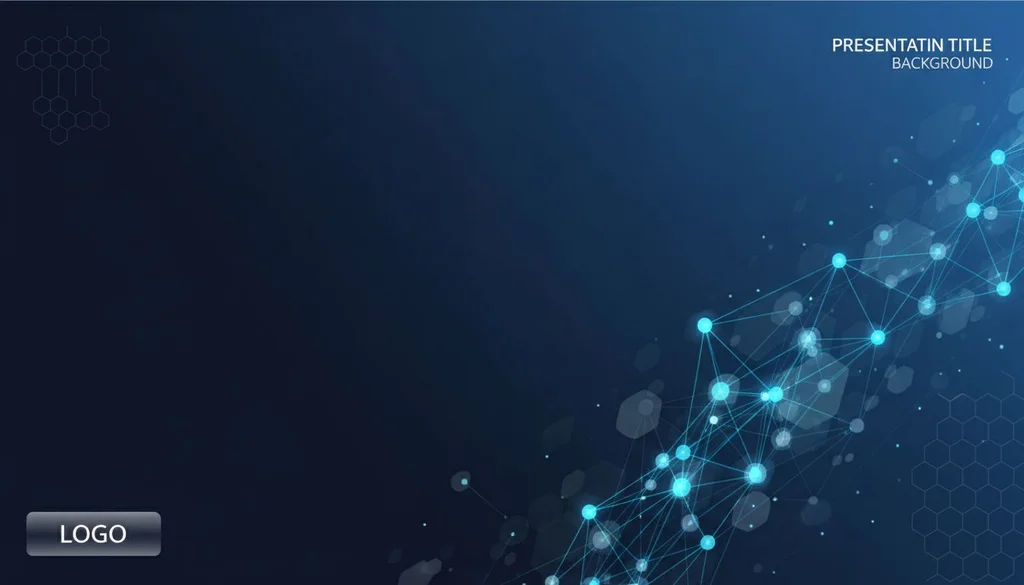 Corporate presentation slide background for tech company. Abstract geometric pattern with connected nodes suggesting AI/neural networks. Deep navy blue gradient. Subtle animated feel. Professional, modern, suitable for text overlay. - Nano Banana