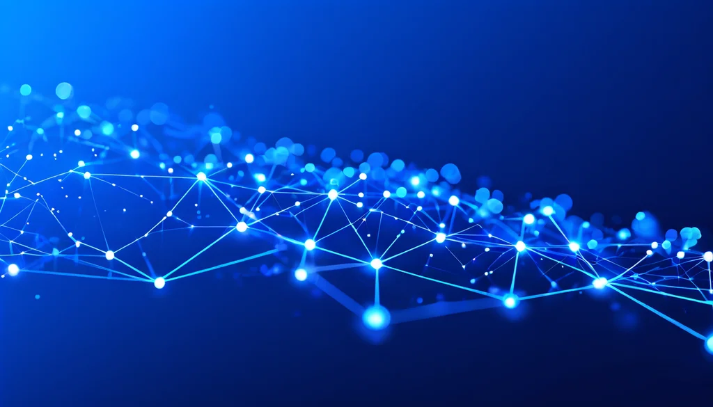 Corporate presentation slide background for tech company. Abstract geometric pattern with connected nodes suggesting AI/neural networks. Deep navy blue gradient. Subtle animated feel. Professional, modern, suitable for text overlay. - Playground v2.5