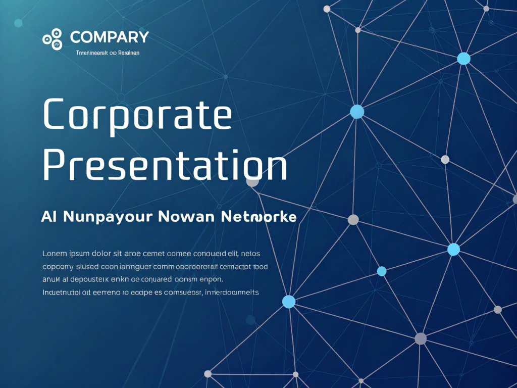 Corporate presentation slide background for tech company. Abstract geometric pattern with connected nodes suggesting AI/neural networks. Deep navy blue gradient. Subtle animated feel. Professional, modern, suitable for text overlay. - Recraft V3