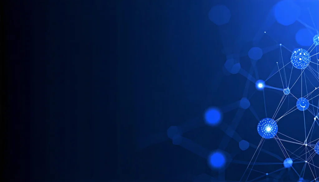 Corporate presentation slide background for tech company. Abstract geometric pattern with connected nodes suggesting AI/neural networks. Deep navy blue gradient. Subtle animated feel. Professional, modern, suitable for text overlay. - Stable Diffusion 3.5 Large