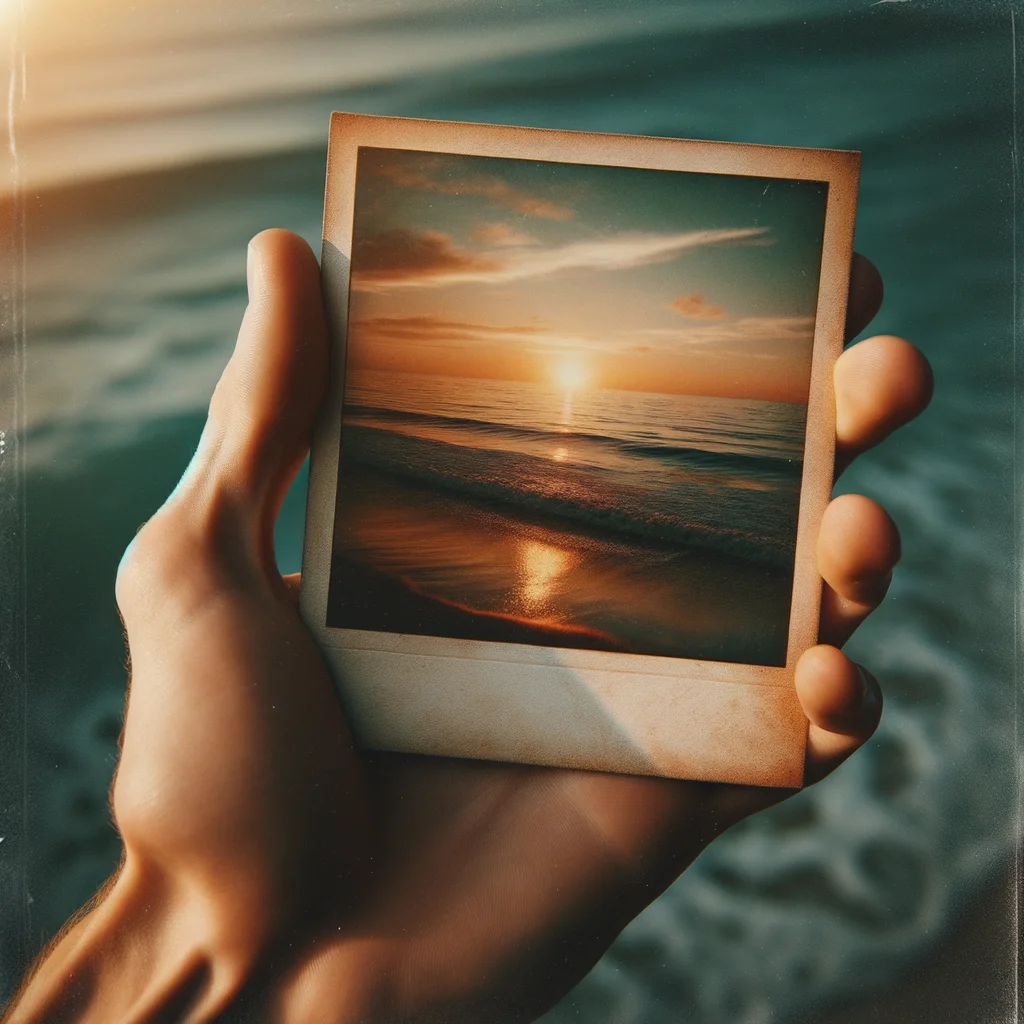 Hand holding a vintage Polaroid photo of a sunset beach, selective focus, nostalgic summer vibes, 35mm film look - DALL-E 3