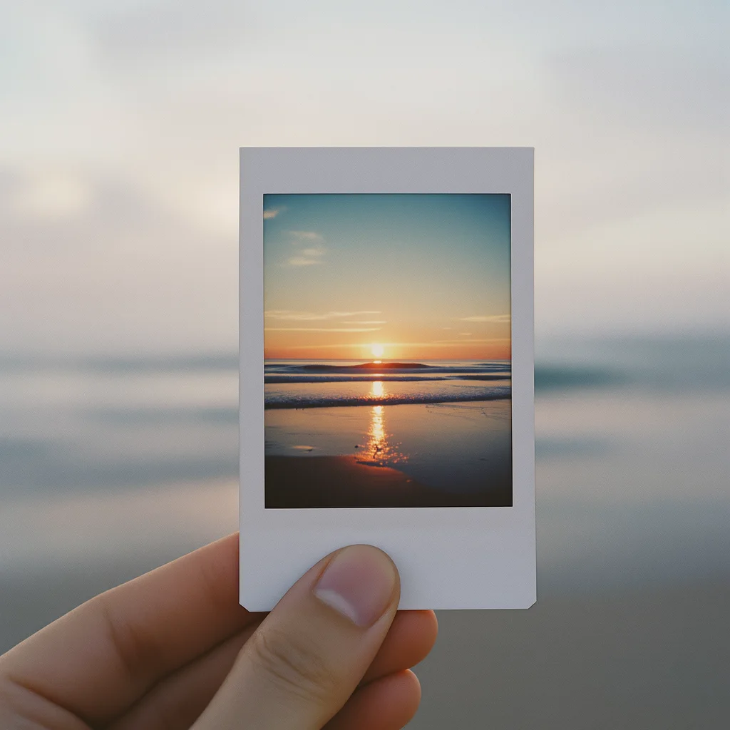Hand holding a vintage Polaroid photo of a sunset beach, selective focus, nostalgic summer vibes, 35mm film look - Flux 1.1 Pro Ultra