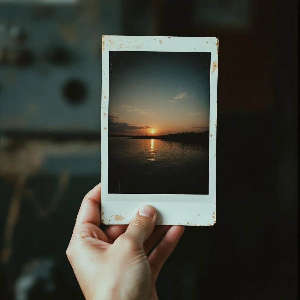 Hand holding a vintage Polaroid photo of a sunset beach, selective focus, nostalgic summer vibes, 35mm film look - Flux 1.1 Pro