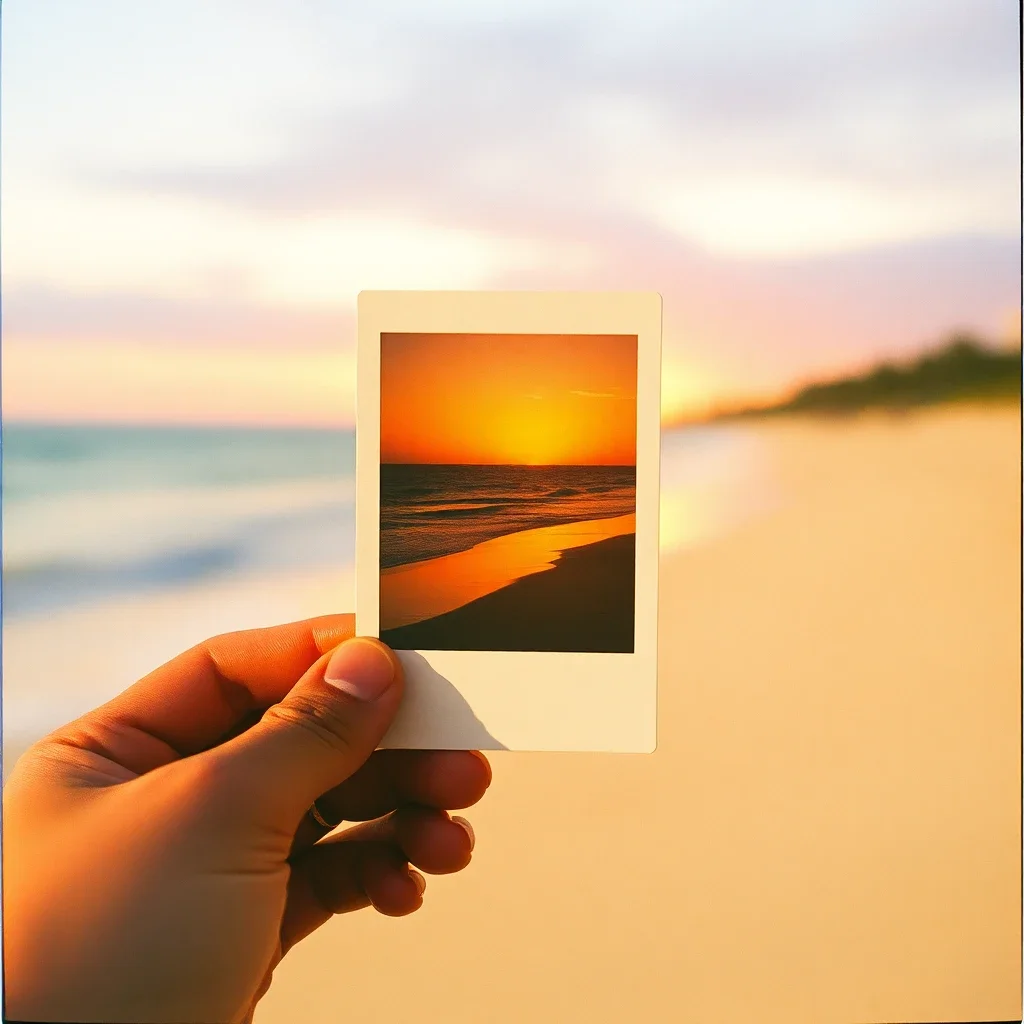 Hand holding a vintage Polaroid photo of a sunset beach, selective focus, nostalgic summer vibes, 35mm film look - Flux Schnell