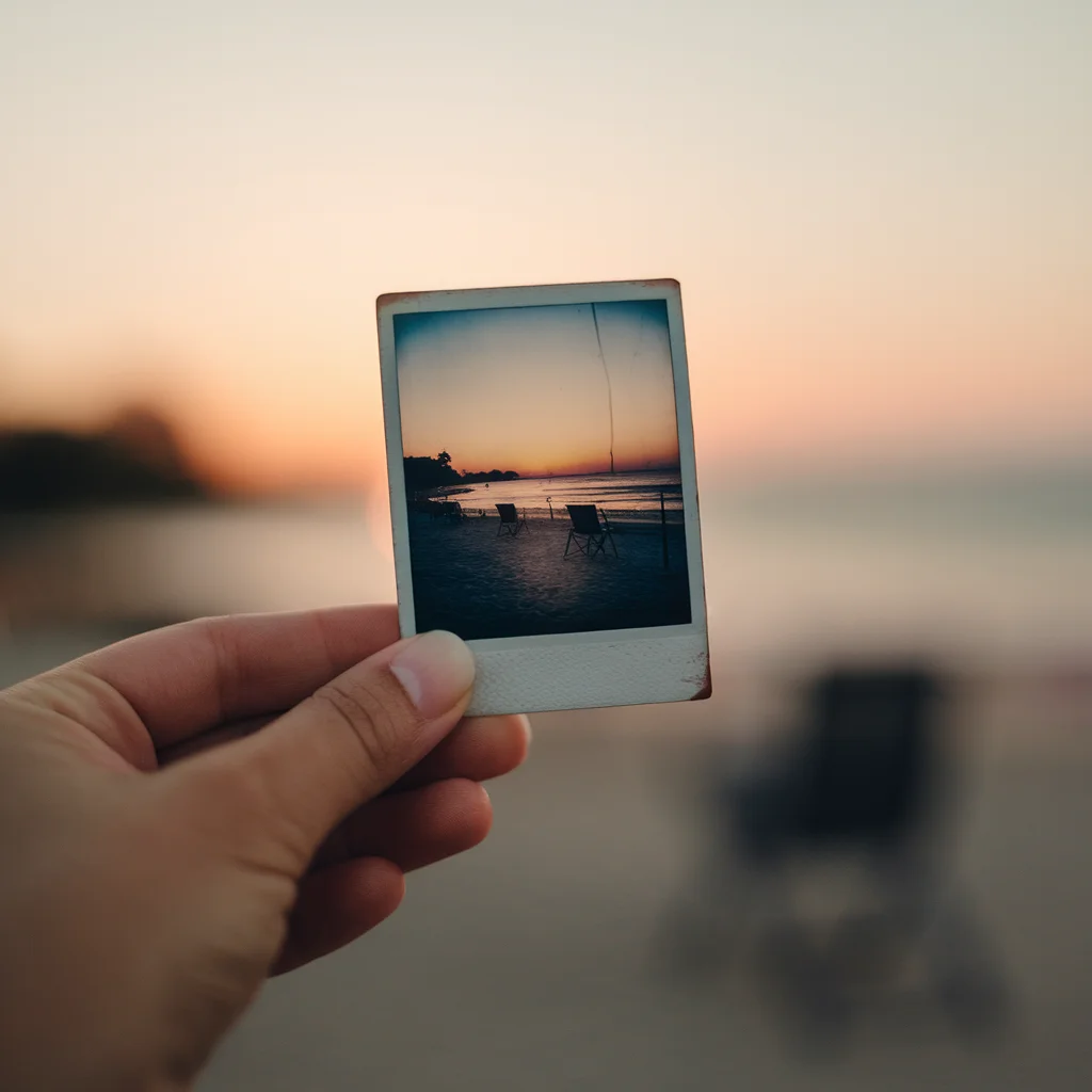 Hand holding a vintage Polaroid photo of a sunset beach, selective focus, nostalgic summer vibes, 35mm film look - Ideogram v2 Turbo