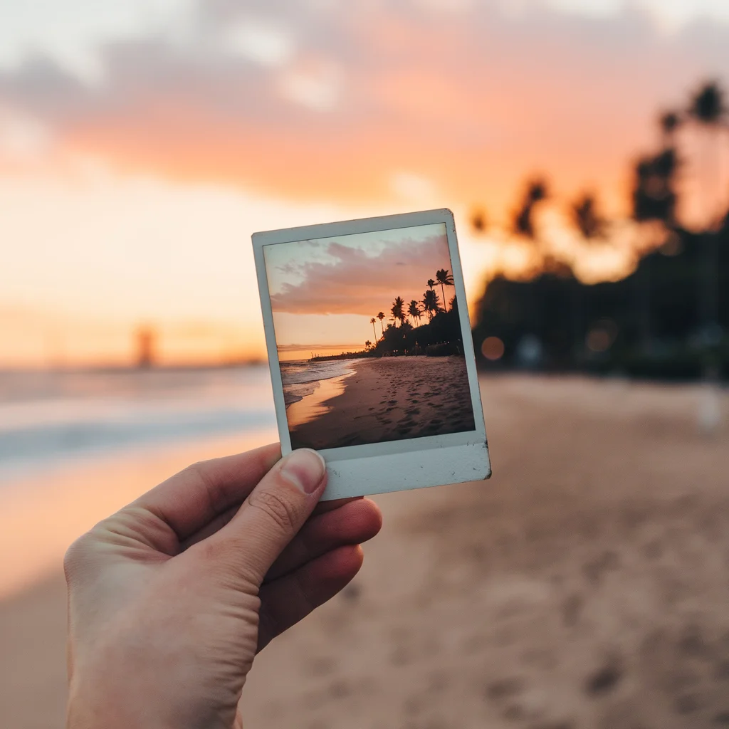 Hand holding a vintage Polaroid photo of a sunset beach, selective focus, nostalgic summer vibes, 35mm film look - Ideogram v2