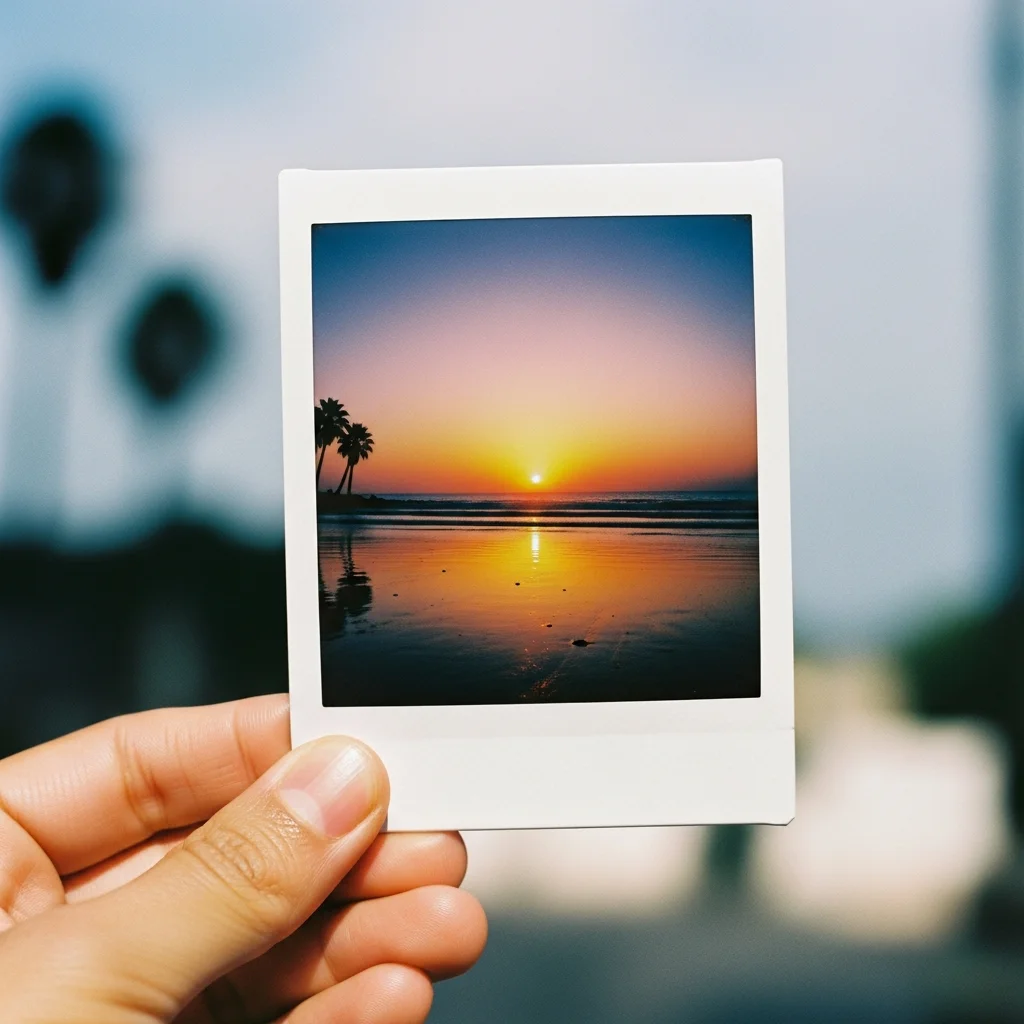 Hand holding a vintage Polaroid photo of a sunset beach, selective focus, nostalgic summer vibes, 35mm film look - Imagen 4
