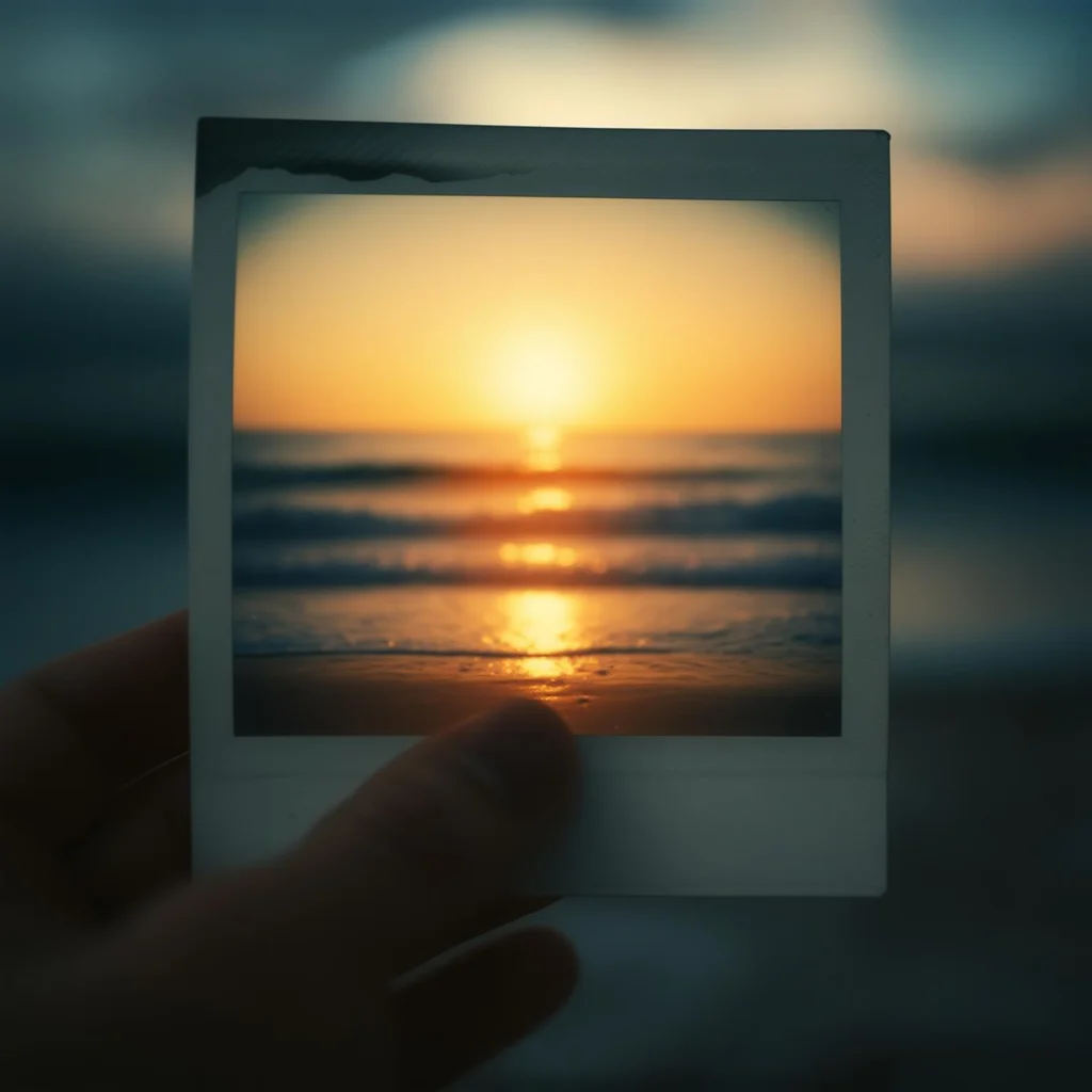 Hand holding a vintage Polaroid photo of a sunset beach, selective focus, nostalgic summer vibes, 35mm film look - Luma Photon Flash