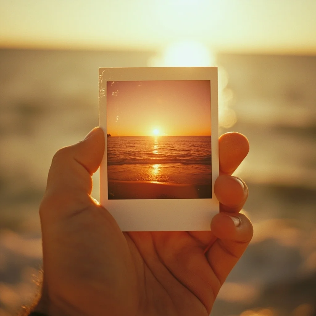 Hand holding a vintage Polaroid photo of a sunset beach, selective focus, nostalgic summer vibes, 35mm film look - MiniMax Image-01