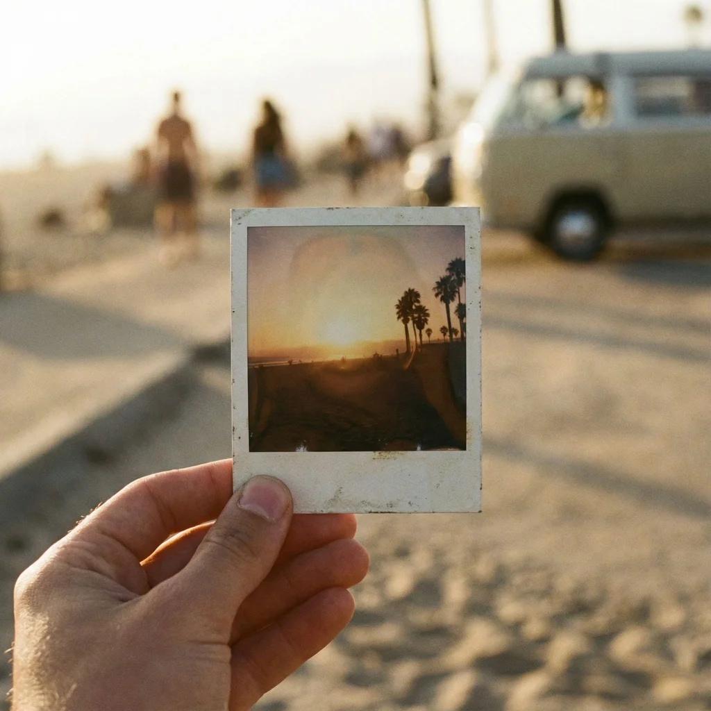 Hand holding a vintage Polaroid photo of a sunset beach, selective focus, nostalgic summer vibes, 35mm film look - Nano Banana Pro