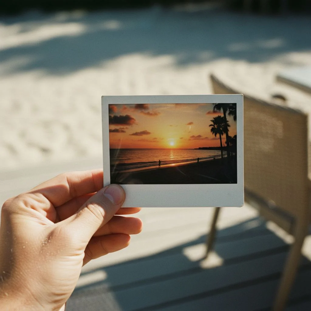 Hand holding a vintage Polaroid photo of a sunset beach, selective focus, nostalgic summer vibes, 35mm film look - Nano Banana