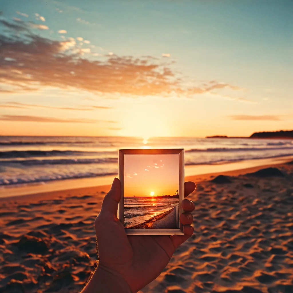 Hand holding a vintage Polaroid photo of a sunset beach, selective focus, nostalgic summer vibes, 35mm film look - Playground v2.5