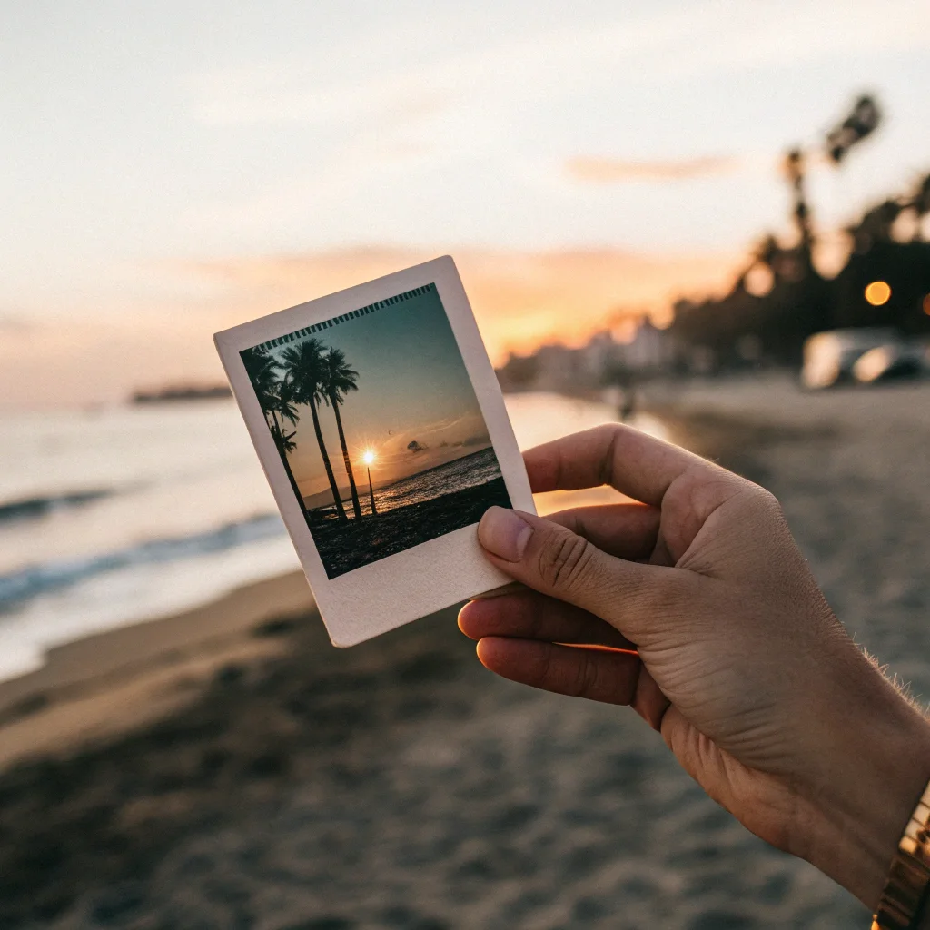 Hand holding a vintage Polaroid photo of a sunset beach, selective focus, nostalgic summer vibes, 35mm film look - Recraft V3
