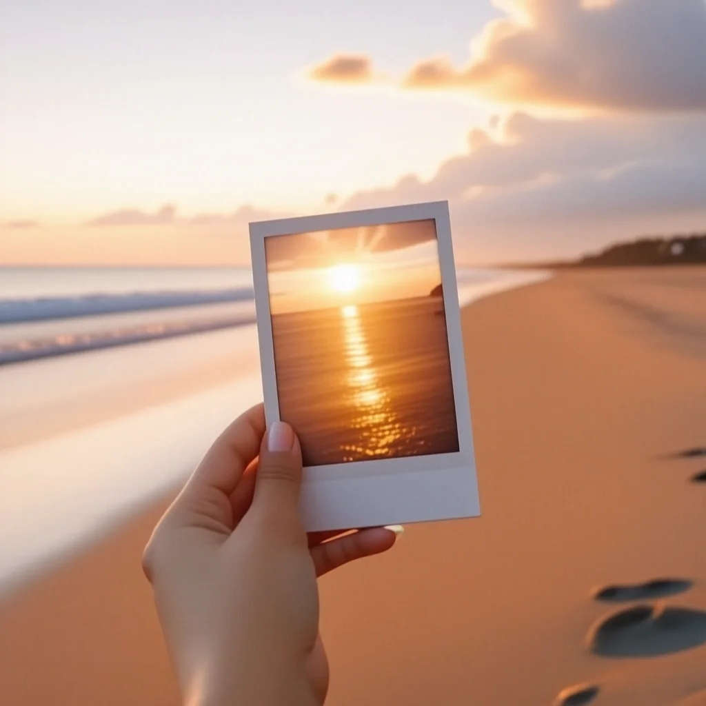Hand holding a vintage Polaroid photo of a sunset beach, selective focus, nostalgic summer vibes, 35mm film look - SD 3.5 Large Turbo