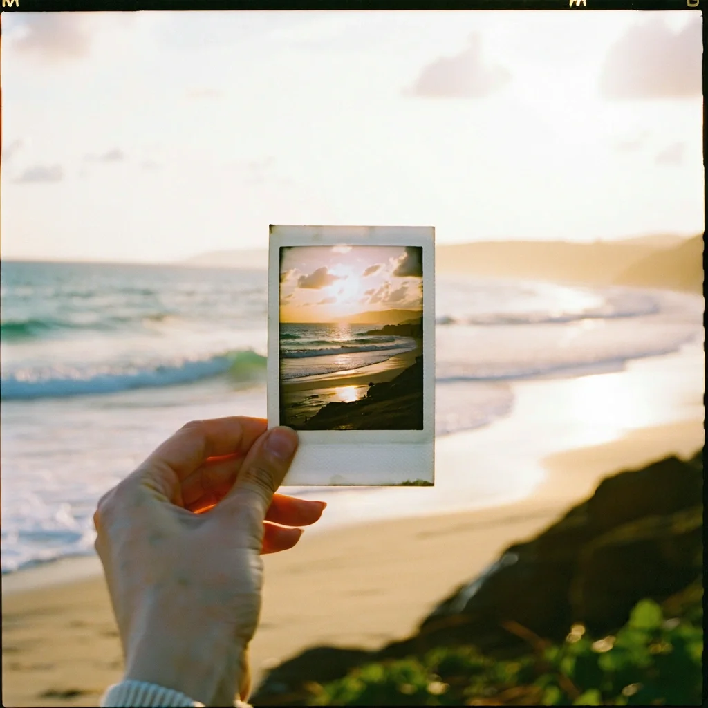 Hand holding a vintage Polaroid photo of a sunset beach, selective focus, nostalgic summer vibes, 35mm film look - Stable Diffusion 3.5 Large