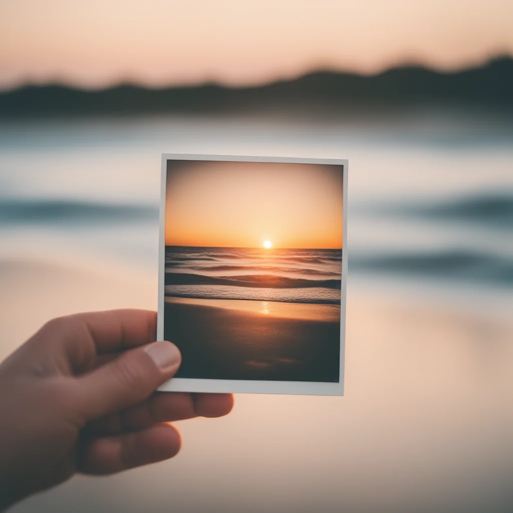 Hand holding a vintage Polaroid photo of a sunset beach, selective focus, nostalgic summer vibes, 35mm film look - Stable Diffusion XL