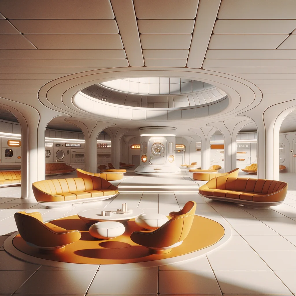 Retrofuturistic 1960s space station interior, curved white surfaces, orange accent furniture, HAL 9000 aesthetic - DALL-E 3