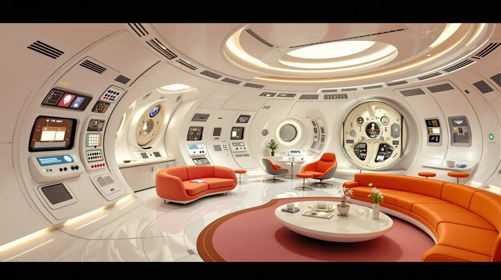 Retrofuturistic 1960s space station interior, curved white surfaces, orange accent furniture, HAL 9000 aesthetic - Flux 1.1 Pro Ultra