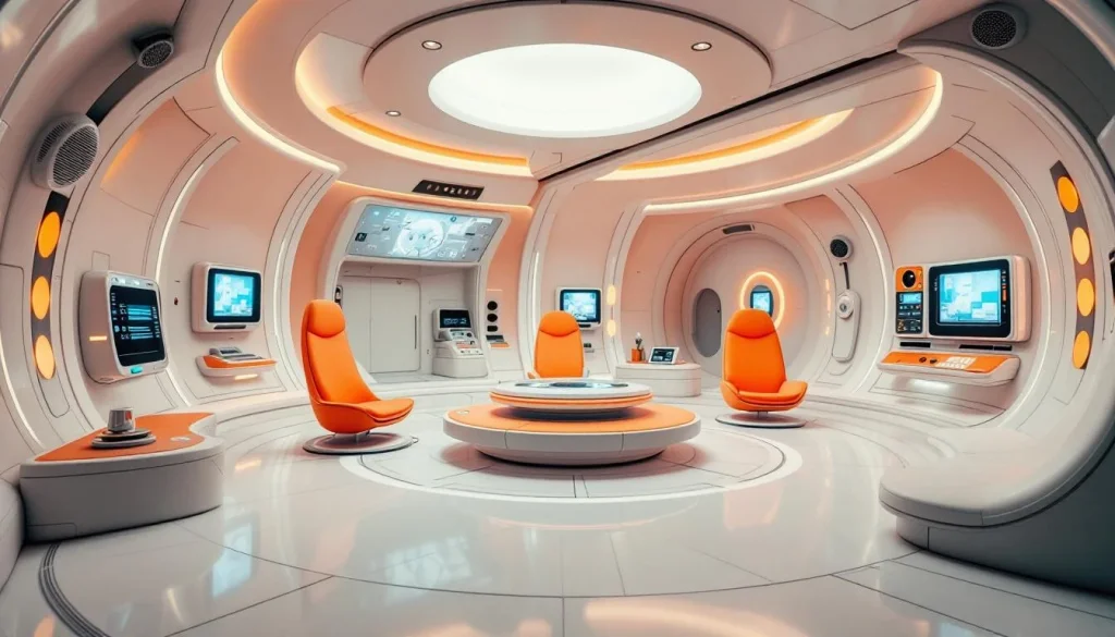 Retrofuturistic 1960s space station interior, curved white surfaces, orange accent furniture, HAL 9000 aesthetic - Flux 1.1 Pro