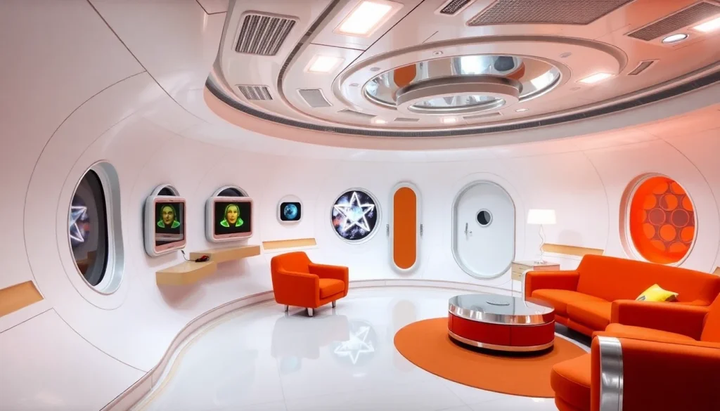 Retrofuturistic 1960s space station interior, curved white surfaces, orange accent furniture, HAL 9000 aesthetic - Flux Schnell