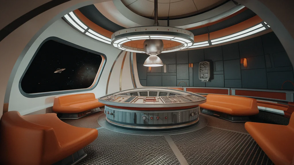 Retrofuturistic 1960s space station interior, curved white surfaces, orange accent furniture, HAL 9000 aesthetic - Ideogram v2 Turbo