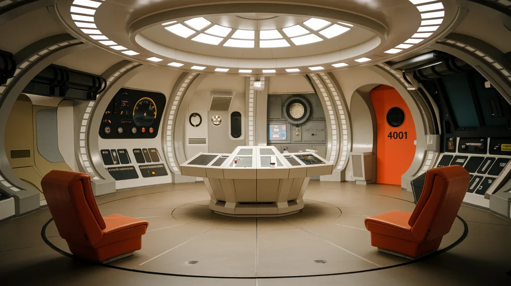 Retrofuturistic 1960s space station interior, curved white surfaces, orange accent furniture, HAL 9000 aesthetic - Ideogram v2