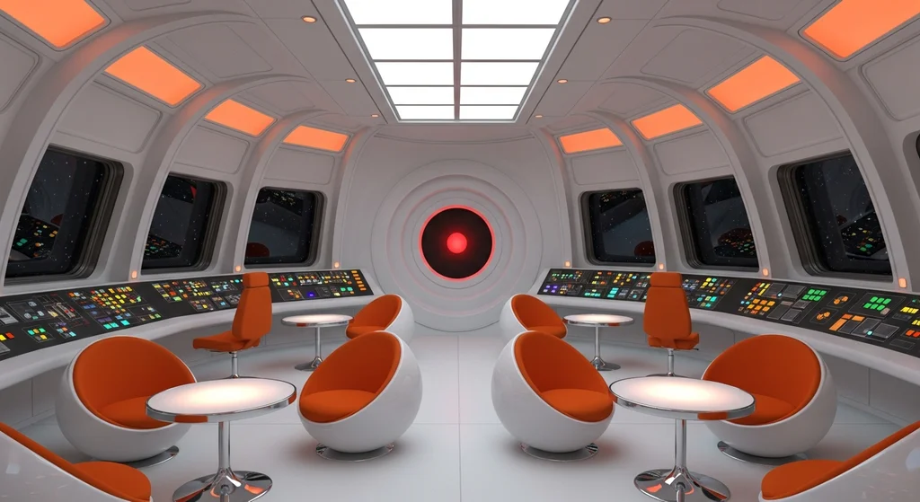 Retrofuturistic 1960s space station interior, curved white surfaces, orange accent furniture, HAL 9000 aesthetic - Imagen 4
