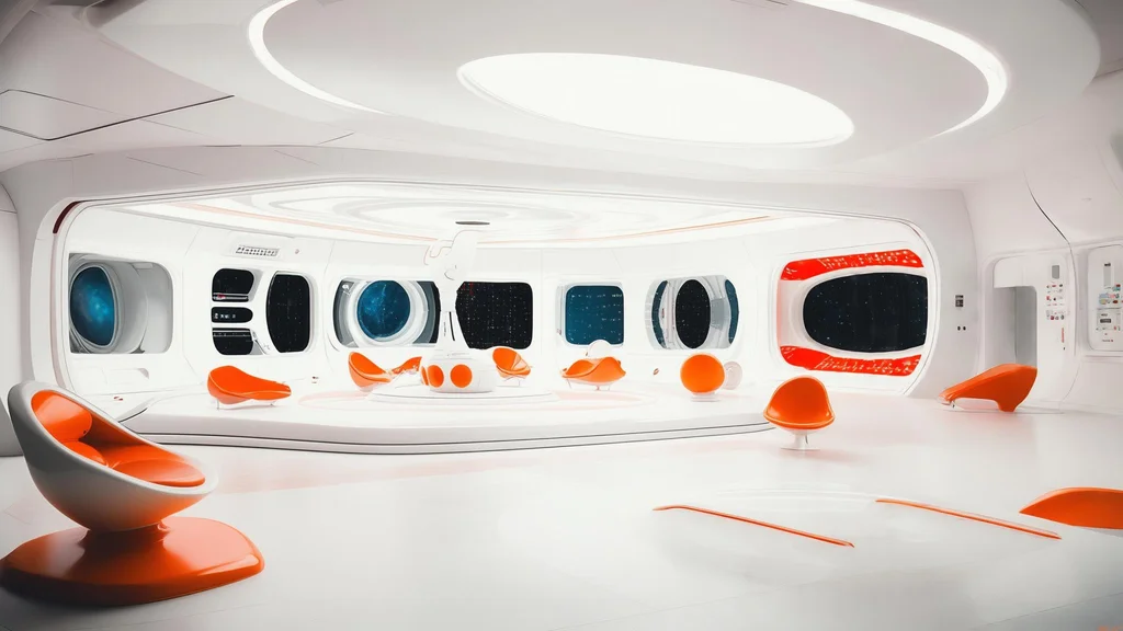 Retrofuturistic 1960s space station interior, curved white surfaces, orange accent furniture, HAL 9000 aesthetic - Luma Photon Flash