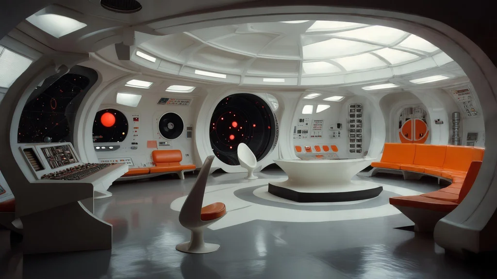 Retrofuturistic 1960s space station interior, curved white surfaces, orange accent furniture, HAL 9000 aesthetic - Luma Photon
