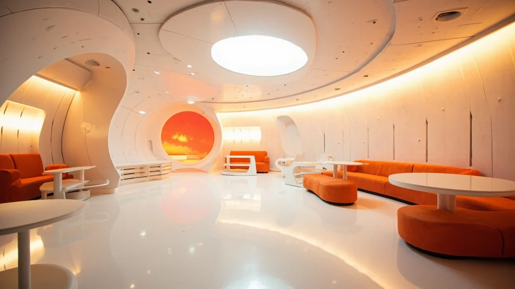 Retrofuturistic 1960s space station interior, curved white surfaces, orange accent furniture, HAL 9000 aesthetic - MiniMax Image-01