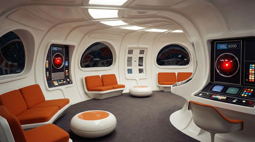 Retrofuturistic 1960s space station interior, curved white surfaces, orange accent furniture, HAL 9000 aesthetic - Nano Banana Pro