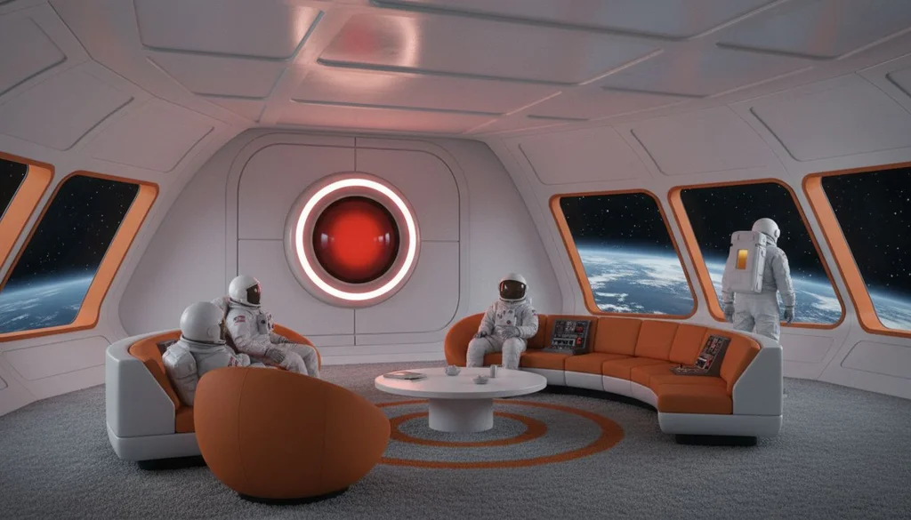 Retrofuturistic 1960s space station interior, curved white surfaces, orange accent furniture, HAL 9000 aesthetic - Nano Banana