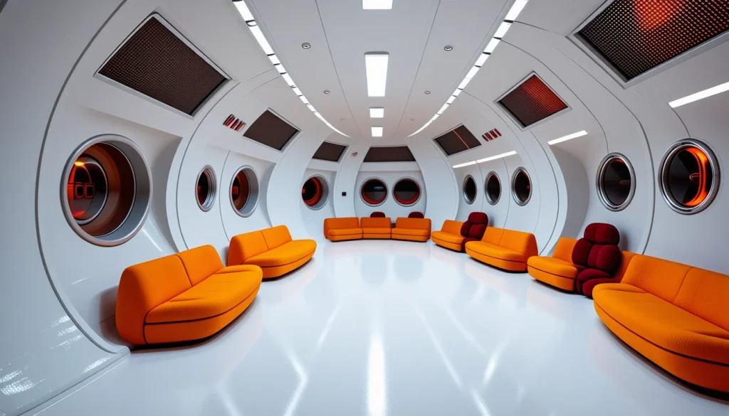Retrofuturistic 1960s space station interior, curved white surfaces, orange accent furniture, HAL 9000 aesthetic - SD 3.5 Large Turbo