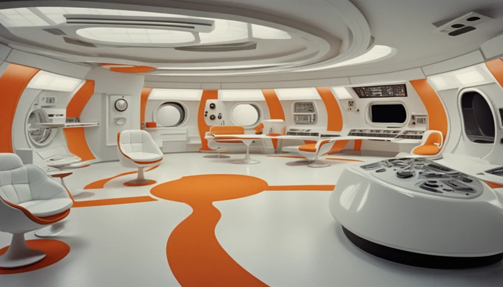 Retrofuturistic 1960s space station interior, curved white surfaces, orange accent furniture, HAL 9000 aesthetic - Stable Diffusion XL
