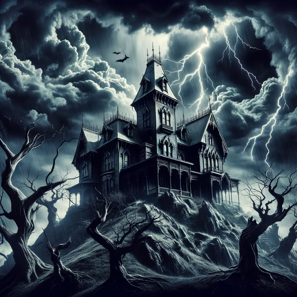 Haunted Victorian mansion on stormy hill, lightning flash, twisted dead trees, gothic horror atmosphere - DALL-E 3
