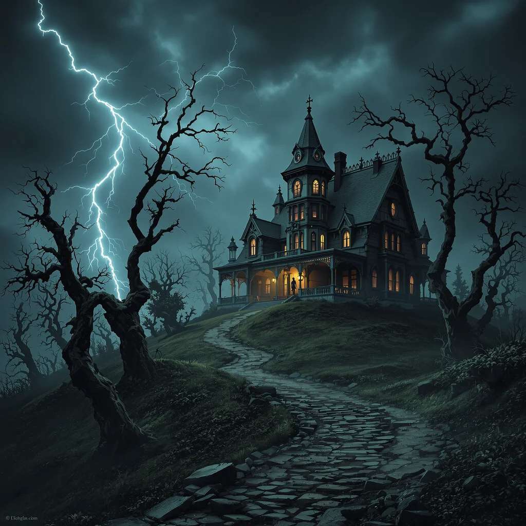 Haunted Victorian mansion on stormy hill, lightning flash, twisted dead trees, gothic horror atmosphere - Flux 1.1 Pro Ultra