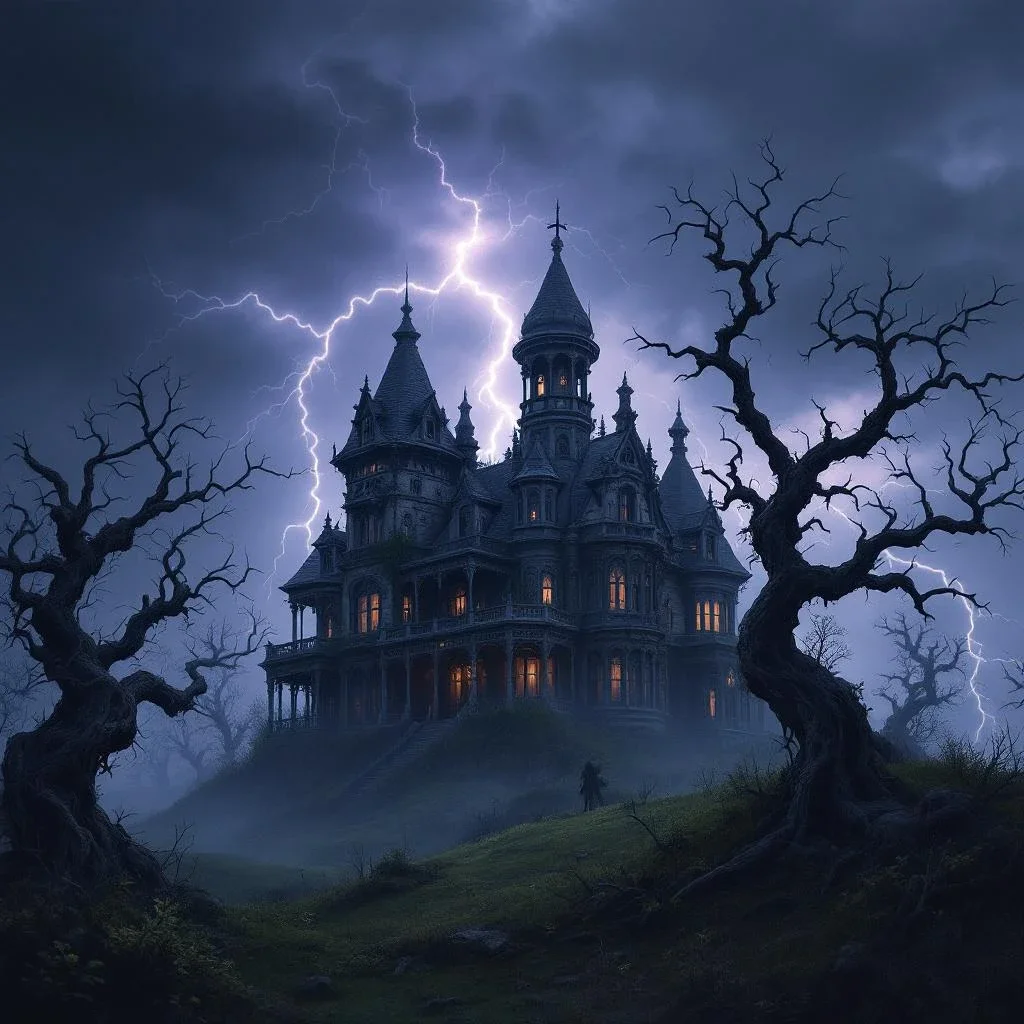 Haunted Victorian mansion on stormy hill, lightning flash, twisted dead trees, gothic horror atmosphere - Flux 1.1 Pro