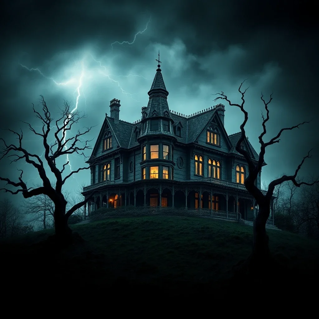 Haunted Victorian mansion on stormy hill, lightning flash, twisted dead trees, gothic horror atmosphere - Flux Schnell