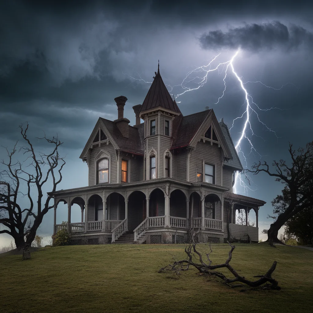 Haunted Victorian mansion on stormy hill, lightning flash, twisted dead trees, gothic horror atmosphere - Ideogram v2 Turbo