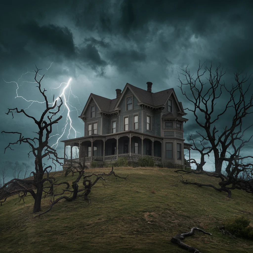 Haunted Victorian mansion on stormy hill, lightning flash, twisted dead trees, gothic horror atmosphere - Ideogram v2