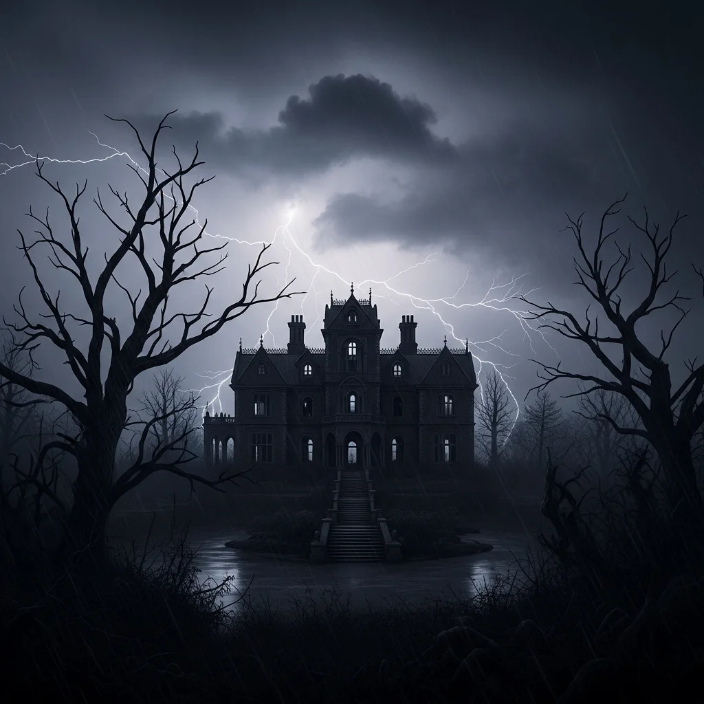 Haunted Victorian mansion on stormy hill, lightning flash, twisted dead trees, gothic horror atmosphere - Imagen 4