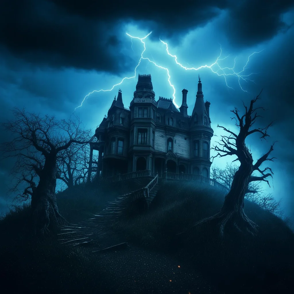Haunted Victorian mansion on stormy hill, lightning flash, twisted dead trees, gothic horror atmosphere - Luma Photon Flash